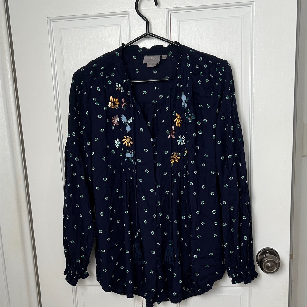 Anthropologie Navy Blouse with Floral Embroidery